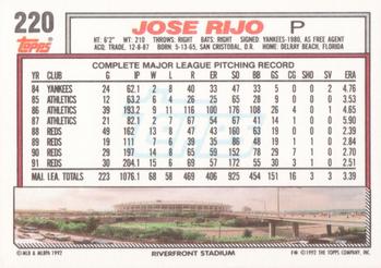 1992 Topps #220 Jose Rijo Back