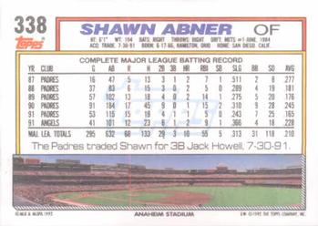 1992 Topps #338 Shawn Abner Back