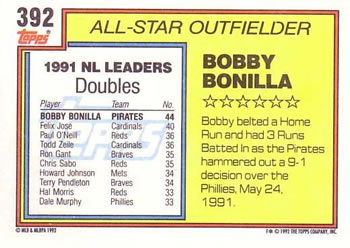 1992 Topps #392 Bobby Bonilla Back