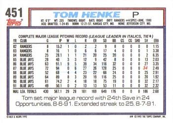 1992 Topps #451 Tom Henke Back