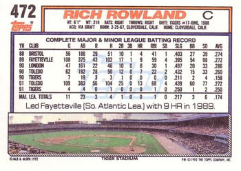 1992 Topps #472 Rich Rowland Back