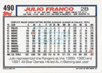1992 Topps #490 Julio Franco Back