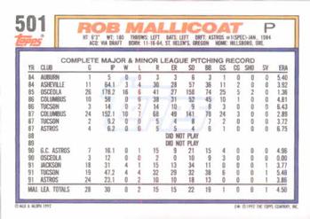 1992 Topps #501 Rob Mallicoat Back