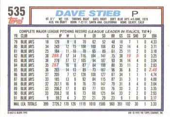 1992 Topps #535 Dave Stieb Back