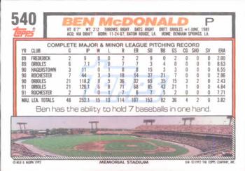 1992 Topps #540 Ben McDonald Back