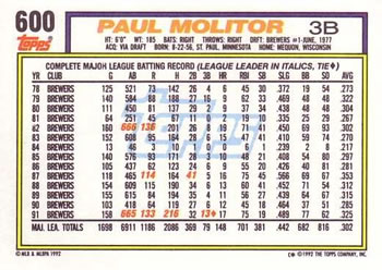 1992 Topps #600 Paul Molitor Back
