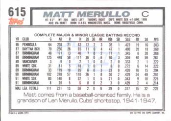1992 Topps #615 Matt Merullo Back
