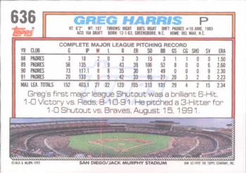 1992 Topps #636 Greg Harris Back