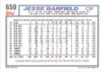 1992 Topps #650 Jesse Barfield Back