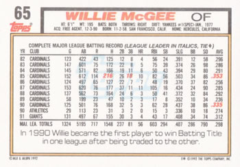 1992 Topps #65 Willie McGee Back