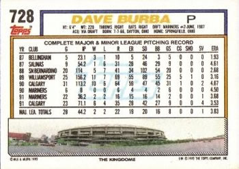 1992 Topps #728 Dave Burba Back