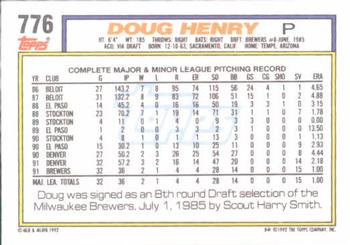 1992 Topps #776 Doug Henry Back