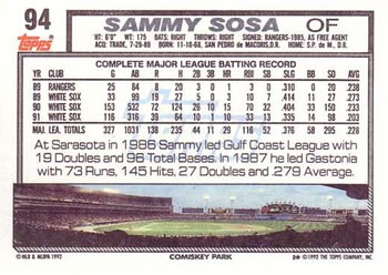 1992 Topps #94 Sammy Sosa Back