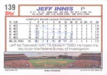 1992 Topps #139 Jeff Innis Back