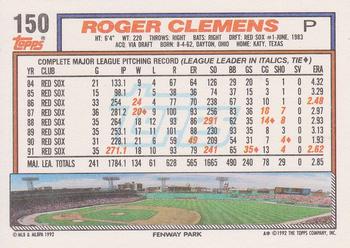 1992 Topps #150 Roger Clemens Back