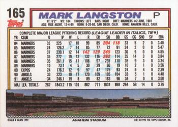 1992 Topps #165 Mark Langston Back