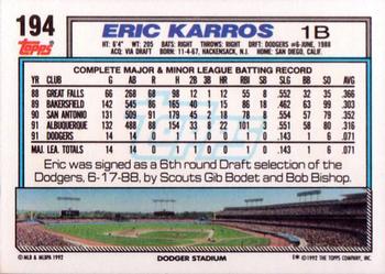 1992 Topps #194 Eric Karros Back