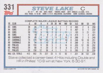1992 Topps #331 Steve Lake Back