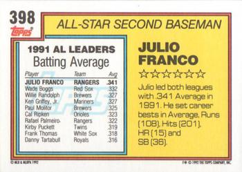 1992 Topps #398 Julio Franco Back