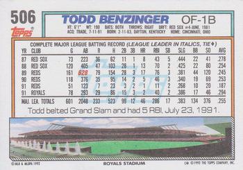 1992 Topps #506 Todd Benzinger Back