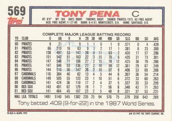 1992 Topps #569 Tony Pena Back