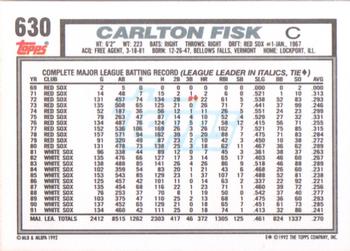 1992 Topps #630 Carlton Fisk Back