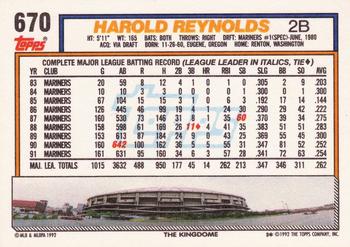 1992 Topps #670 Harold Reynolds Back
