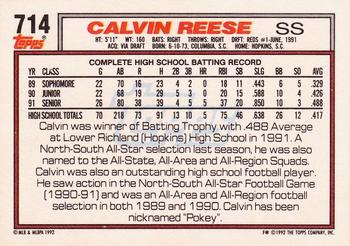 1992 Topps #714 Calvin Reese Back