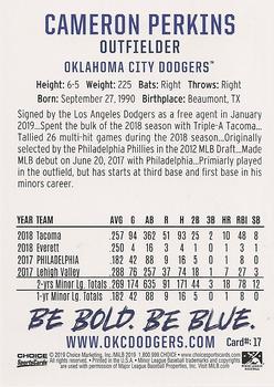 2019 Choice Oklahoma City Dodgers #17 Cameron Perkins Back