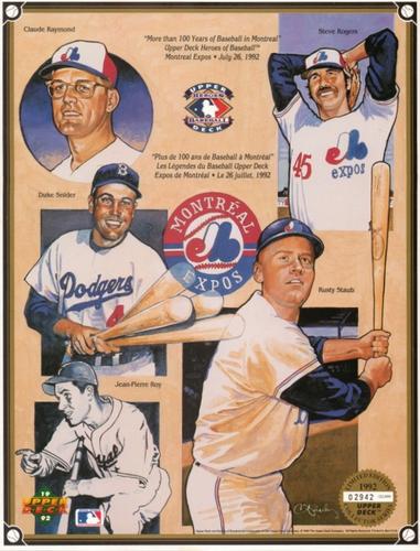 1992 Upper Deck Heroes of Baseball Commemorative Sheets #NNO Claude Raymond / Steve Rogers / Duke Snider / Jean-Pierre Roy / Rusty Staub Front