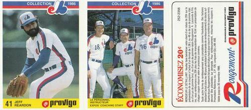 1986 Provigo Montreal Expos - Panels #13 / 14 / NNO Jeff Reardon / Joe Kerrigan / Bobby Winkles / Larry Bearnarth / Rougemont Coupon Front