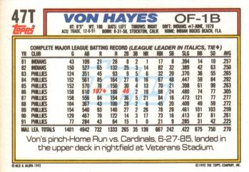 1992 Topps Traded #47T Von Hayes Back