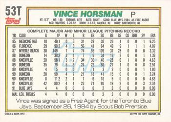 1992 Topps Traded #53T Vince Horsman Back