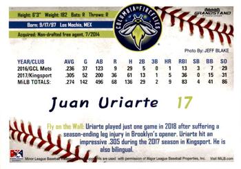 2019 Grandstand Columbia Fireflies #NNO Juan Uriarte Back