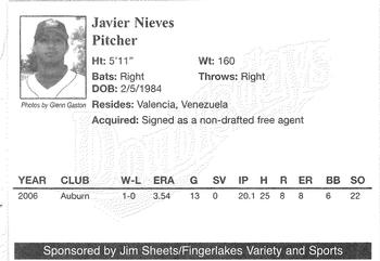 2007 Jim Sheets Fingerlakes Variety and Sports Auburn Doubledays #NNO Javier Nieves Back