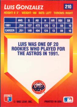 1992 Triple Play #210 Luis Gonzalez Back