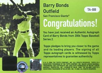 2006 Topps - Autographs Green #TA-BB Barry Bonds Back