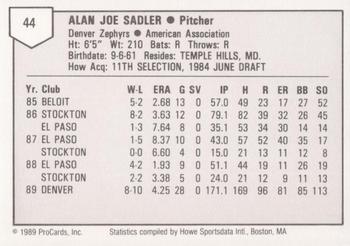 1989 ProCards Triple A #44 Alan Sadler Back