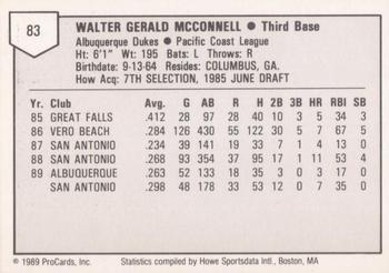1989 ProCards Triple A #83 Walt McConnell Back