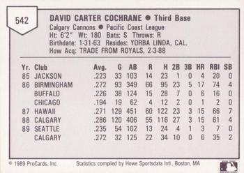 1989 ProCards Triple A #542 Dave Cochrane Back
