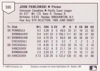 1989 ProCards Triple A #595 John Pawlowski Back