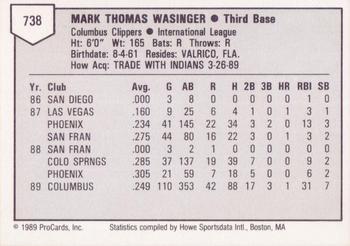 1989 ProCards Triple A #738 Mark Wasinger Back