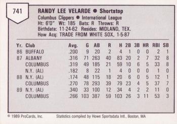 1989 ProCards Triple A #741 Randy Velarde Back