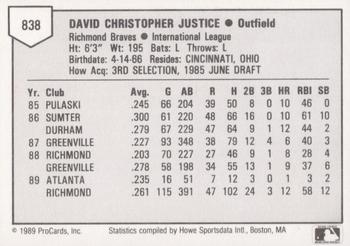 1989 ProCards Triple A #838 Dave Justice Back