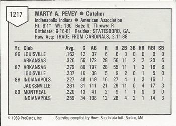 1989 ProCards Triple A #1217 Marty Pevey Back