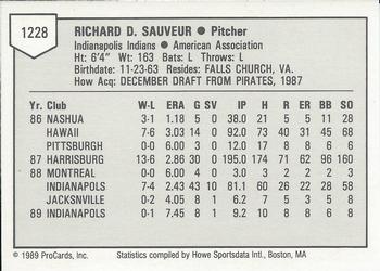 1989 ProCards Triple A #1228 Rich Sauveur Back