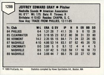 1989 ProCards Triple A #1288 Jeff Gray Back