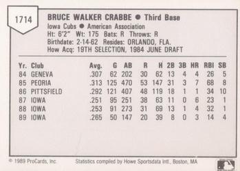 1989 ProCards Triple A #1714 Bruce Crabbe Back