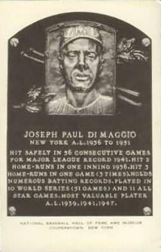 1956-63 Artvue Hall of Fame Plaque Postcards (Type 2) #NNO Joe DiMaggio Front