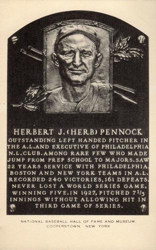 1956-63 Artvue Hall of Fame Plaque Postcards (Type 2) #NNO Herb Pennock Front